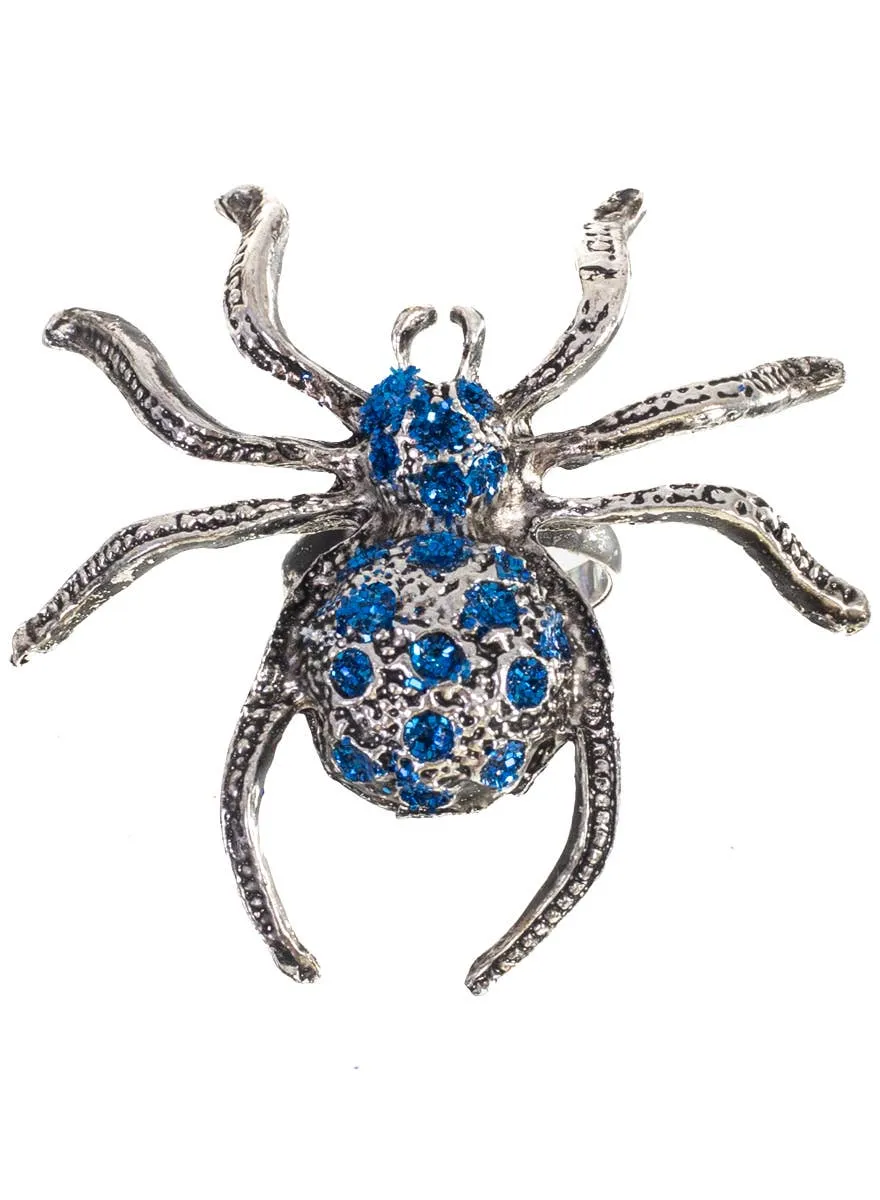 Large Silver Spider Costume Ring with Blue Glitter