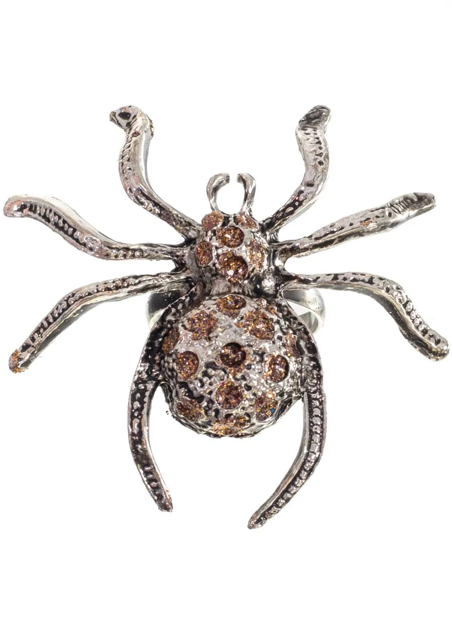 Large Silver Spider Costume Ring with Brown Glitter