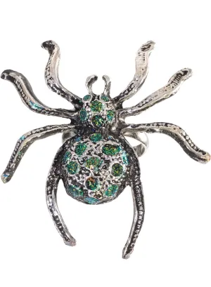 Large Silver Spider Costume Ring with Green Glitter