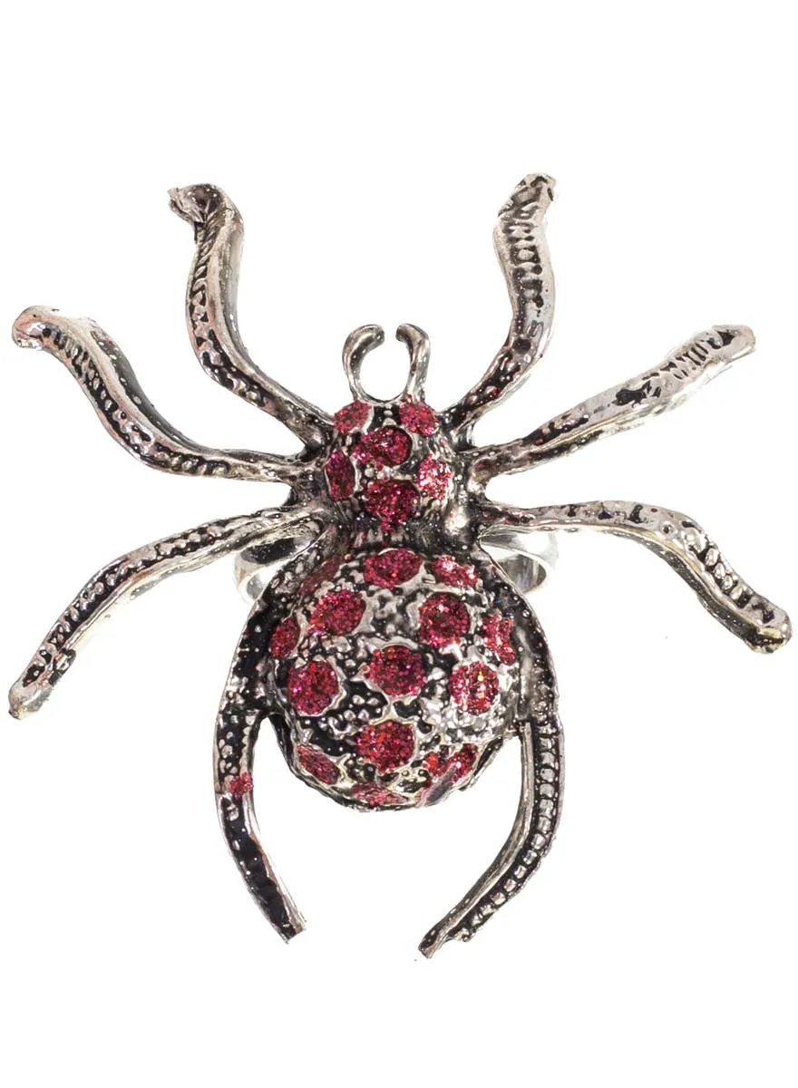 Large Silver Spider Costume Ring with Pink Glitter