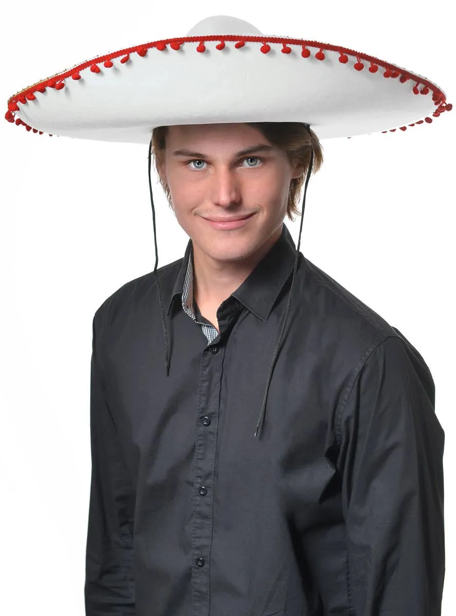Large White Mexican Sombrero Costume Hat with Pom Poms
