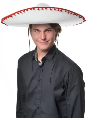 Large White Mexican Sombrero Costume Hat with Pom Poms