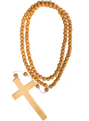 Large Wooden Beaded Religious Cross Costume Necklace