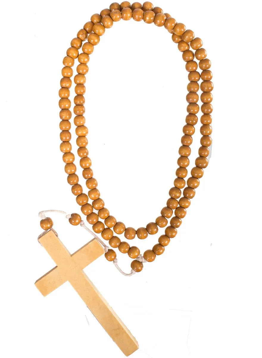 Large Wooden Beaded Religious Cross Costume Necklace