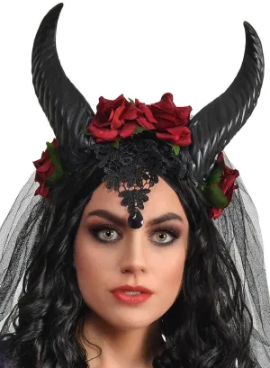 Lavish Black Veiled Devil Horns Headband with Red Roses