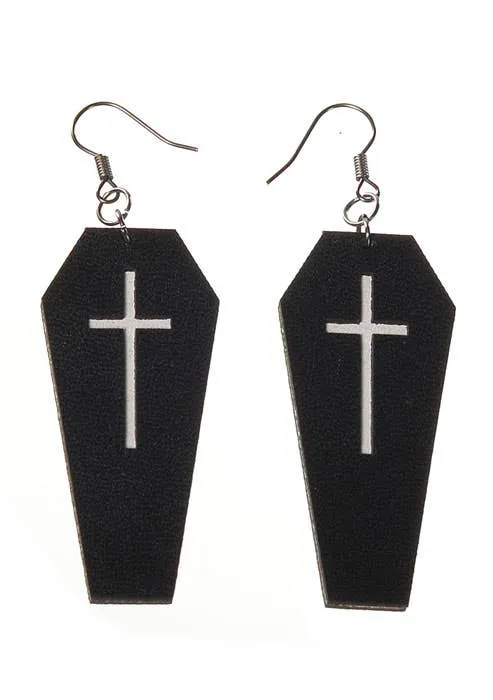 Leather Black Coffin Halloween Earrings
