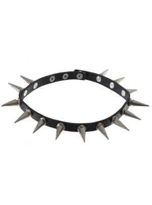 Leather Look Black Punk Choker with Long Silver Spikes