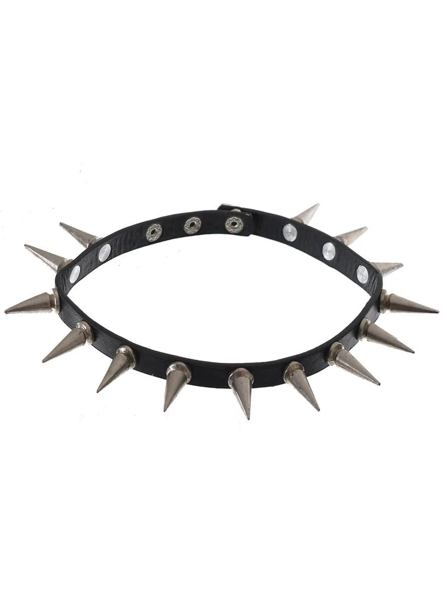 Leather Look Black Punk Choker with Long Silver Spikes
