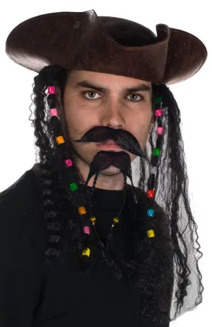 Leather Look Brown Tricorn Pirate Hat with Hair