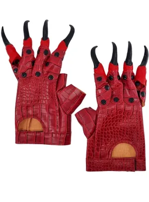 Leather Look Red Scale Print Costume Gloves with Rubber Claws