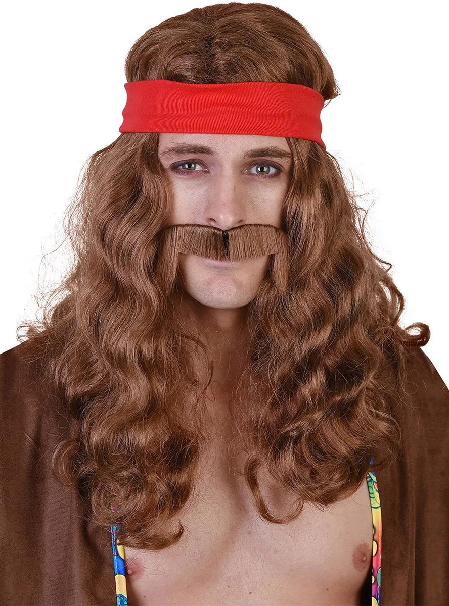 Lennon Mens Long Brown Wavy 70s Costume Wig
