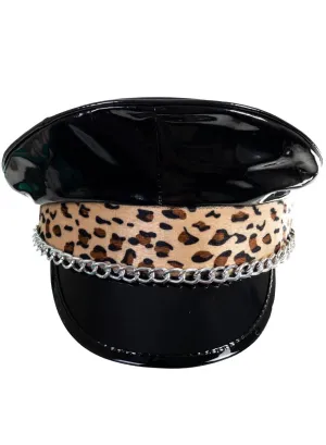 Leopard Print Black Vinyl Festival Hat with Chain