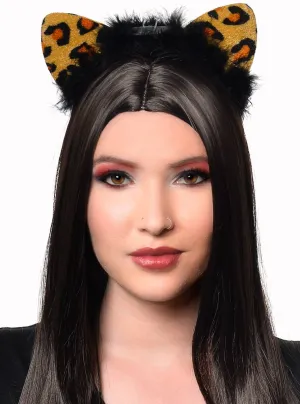 Light Up Brown Leopard Print Cat Ears with Black Feather Trim