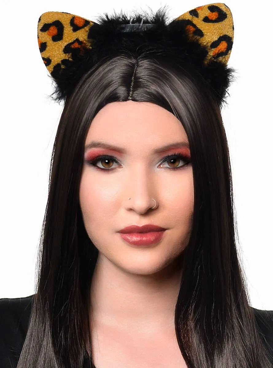 Light Up Brown Leopard Print Cat Ears with Black Feather Trim
