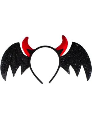 Light Up Devil Horns Headband with Shimmer Black Wings
