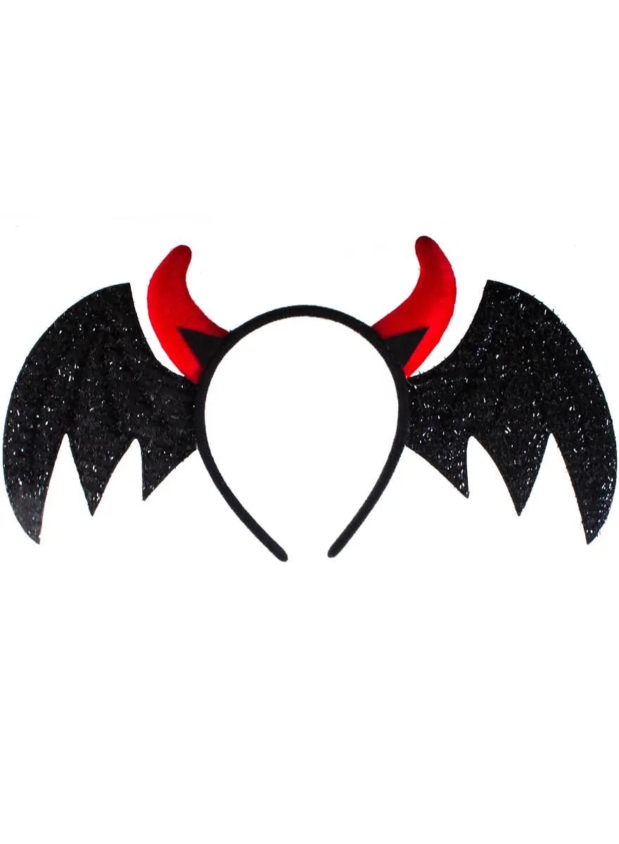 Light Up Devil Horns Headband with Shimmer Black Wings