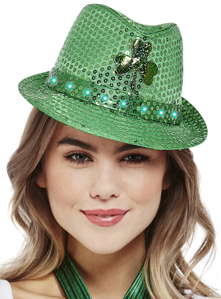 Light Up Green Sequin St Patrick's Day Trilby Costume Hat