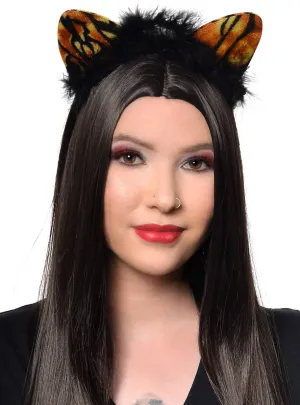 Light Up Orange Tiger Print Cat Ears with Black Feather Trim