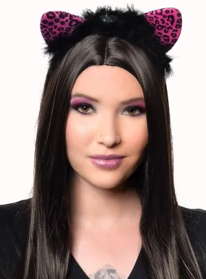 Light Up Pink Leopard Print Cat Ears with Black Feather Trim
