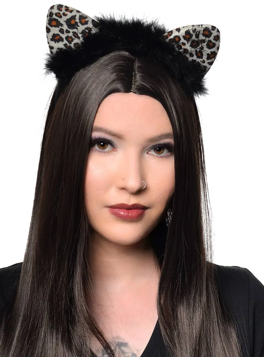 Light Up Snow Leopard Print Cat Ears with Black Feather Trim