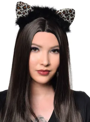 Light Up Snow Leopard Print Cat Ears with Black Feather Trim