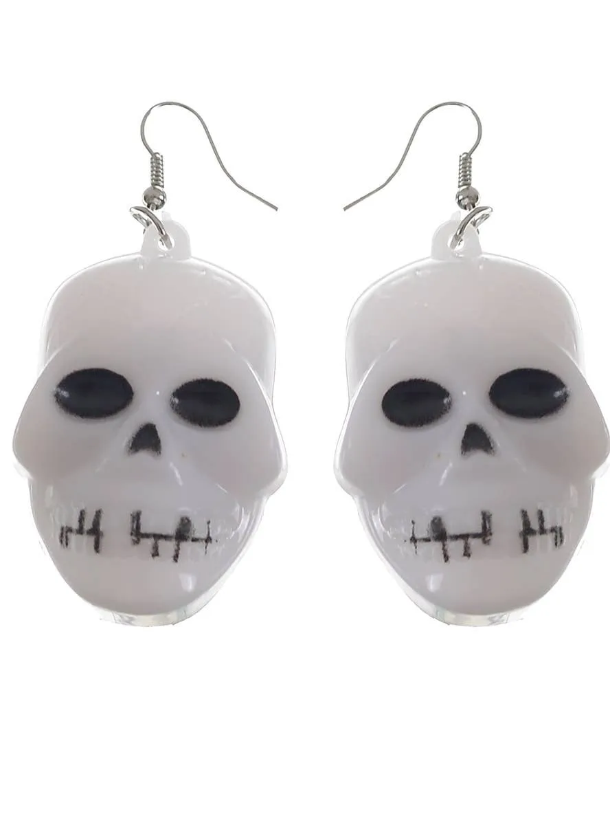 Light Up White Skull Halloween Costume Earrings