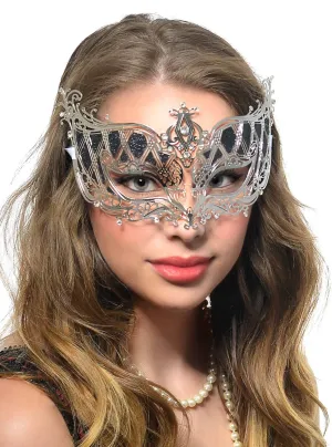 Lightweight Silver Metal Masquerade Mask with Black Glitter
