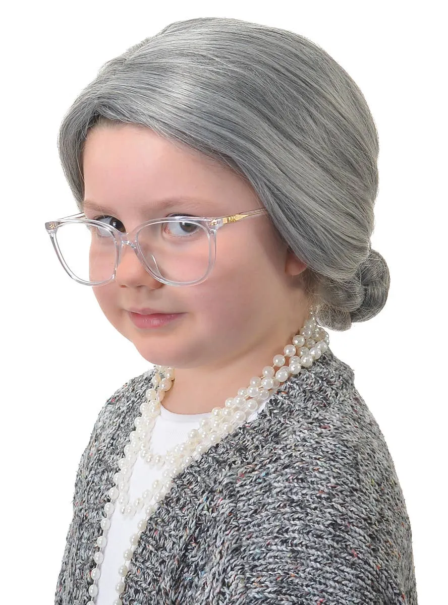 Little Old Lady Girls Grey Bun Costume Wig