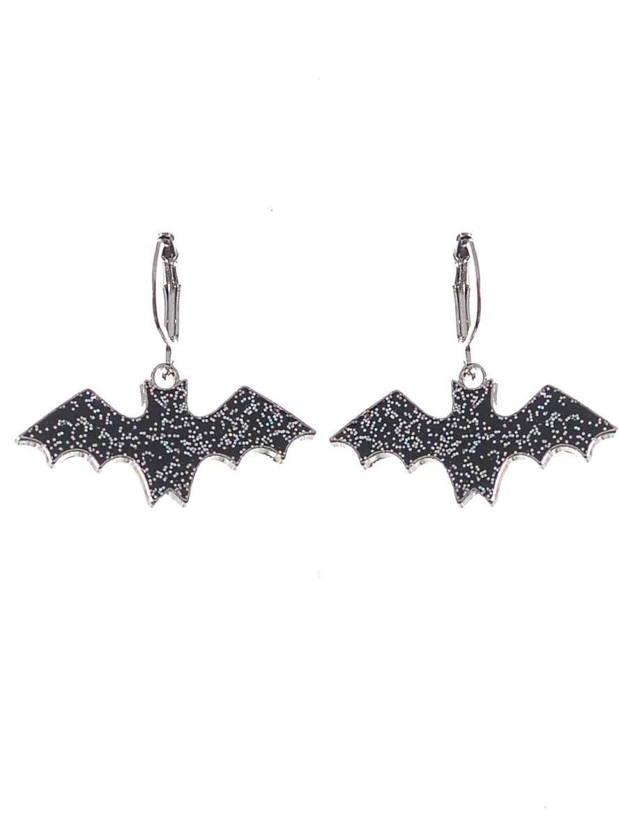 Little Silver Glitter Black Bats 3.5cm Drop Halloween Earrings