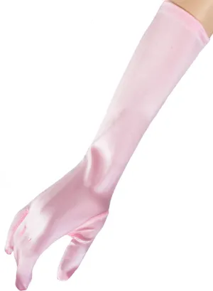 Long Baby Pink Satin Elbow Length Costume Gloves