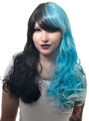 Long Black and Blue Split Colour Womens Costume Wig