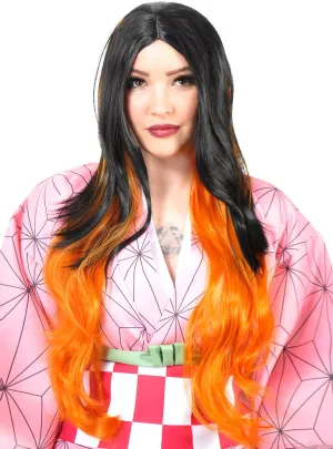 Long Black and Orange Nezuko Womens Cosplay Wig