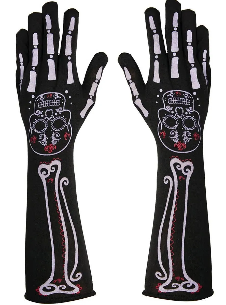Long Black Day of the Dead Skeleton Costume Gloves