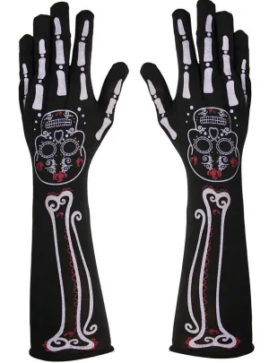 Long Black Day of the Dead Skeleton Costume Gloves