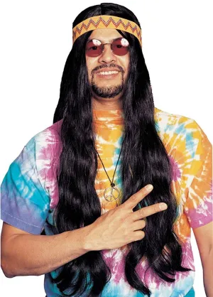 Long Black Mens Classic Hippie Costume Wig with Headband