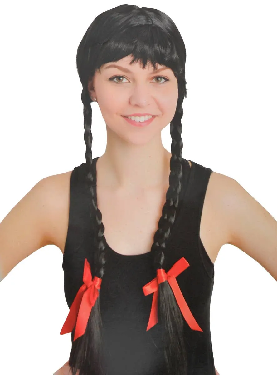 Long Black Plaited Womens Costume Wig with Fringe