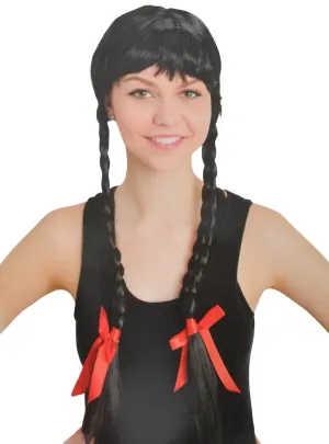 Long Black Plaited Womens Costume Wig with Fringe