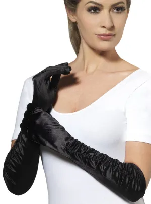 Long Black Satin Side Ruche Costume Gloves
