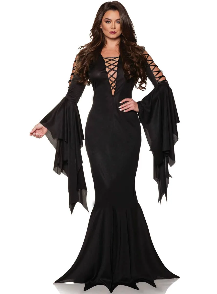 Long Black Sexy Morticia Addams Womens Halloween Costume