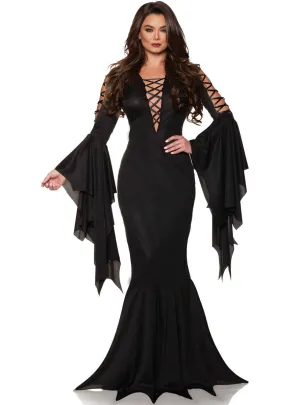 Long Black Sexy Morticia Addams Womens Halloween Costume