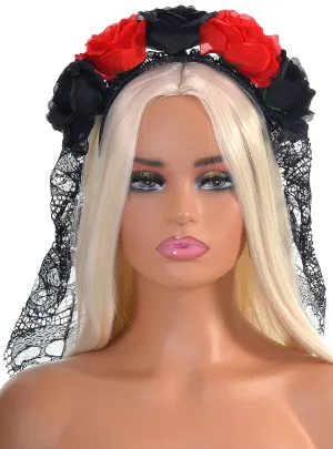 Long Black Skull Lace Veil Costume Headband with Flowers