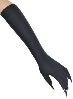 Long Black Witch Gloves with Nails Halloween Accessory