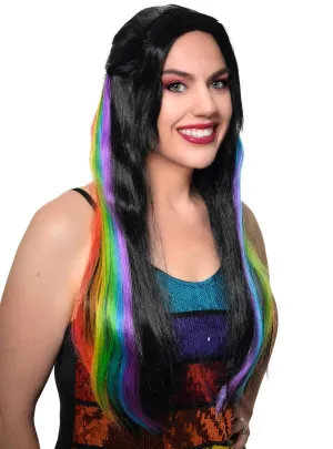 Long Black Womens Costume Wig with Rainbow Braid