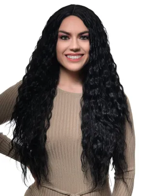 Long Black Womens Fashion Wig with Tight Waves and Lace Part