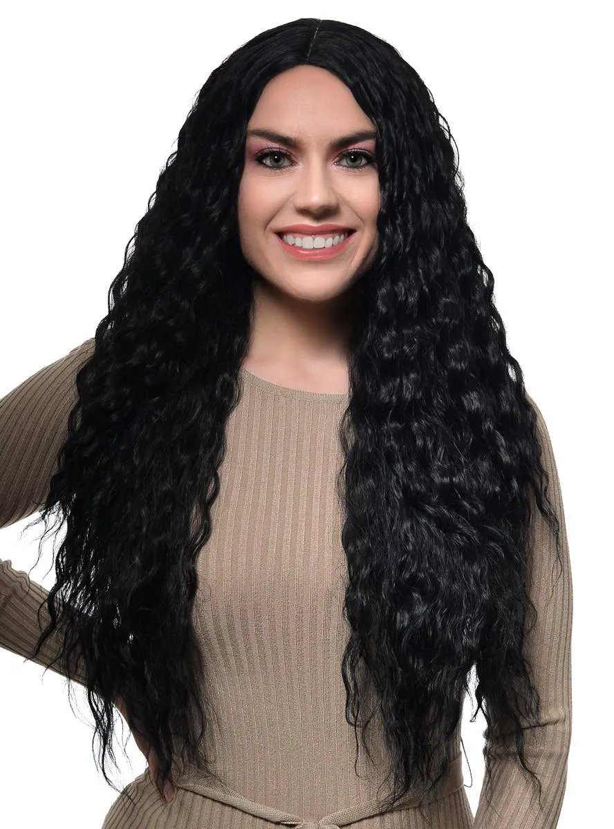 Long Black Womens Fashion Wig with Tight Waves and Lace Part