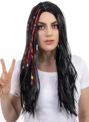 Long Black Womens Hippie Costume Wig with Beads
