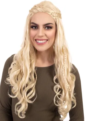 Long Blonde Curly Medieval Womens Costume Wig With Plaits
