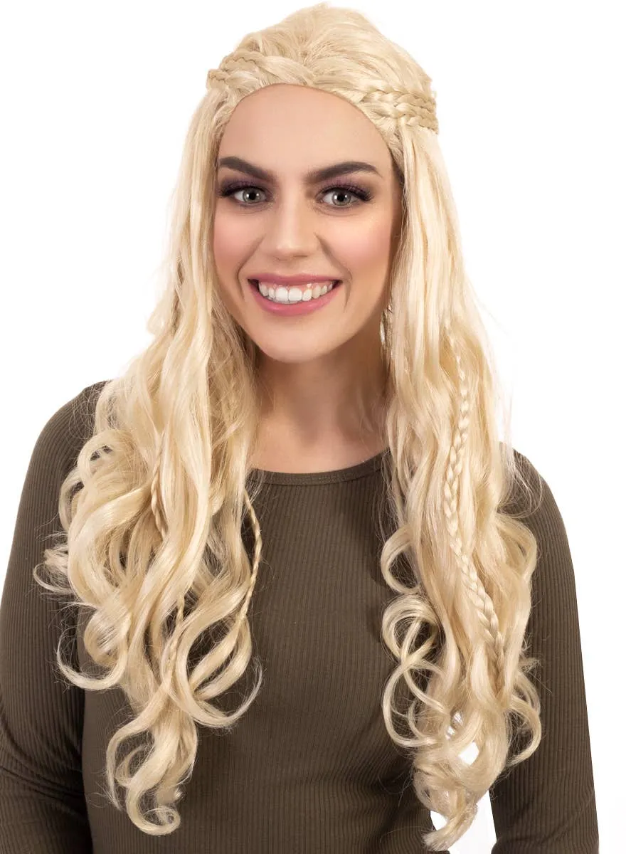 Long Blonde Curly Medieval Womens Costume Wig With Plaits