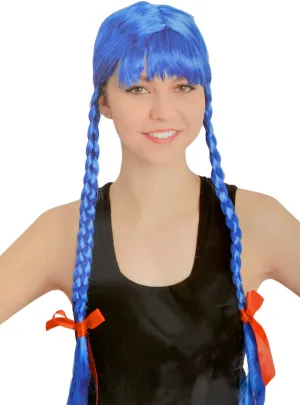 Long Blue Plaited Womens Costume Wig with Fringe