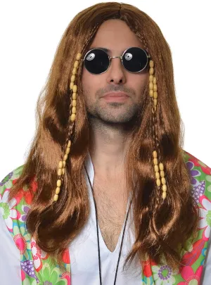 Long Brown Mens Beaded Hippie Costume Wig